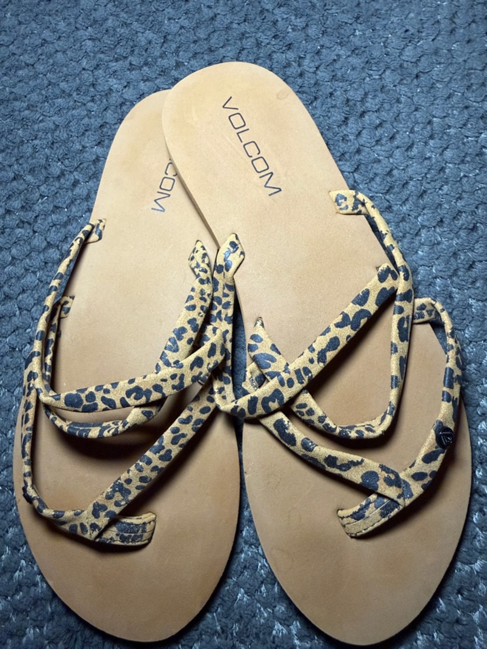Volcom Women's Tan Footbed Sandals with Leopard-Print Straps - Picture 2 of 3
